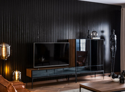 RTV wall unit with mirror, TV fronts, black brown cabinet wall unit.